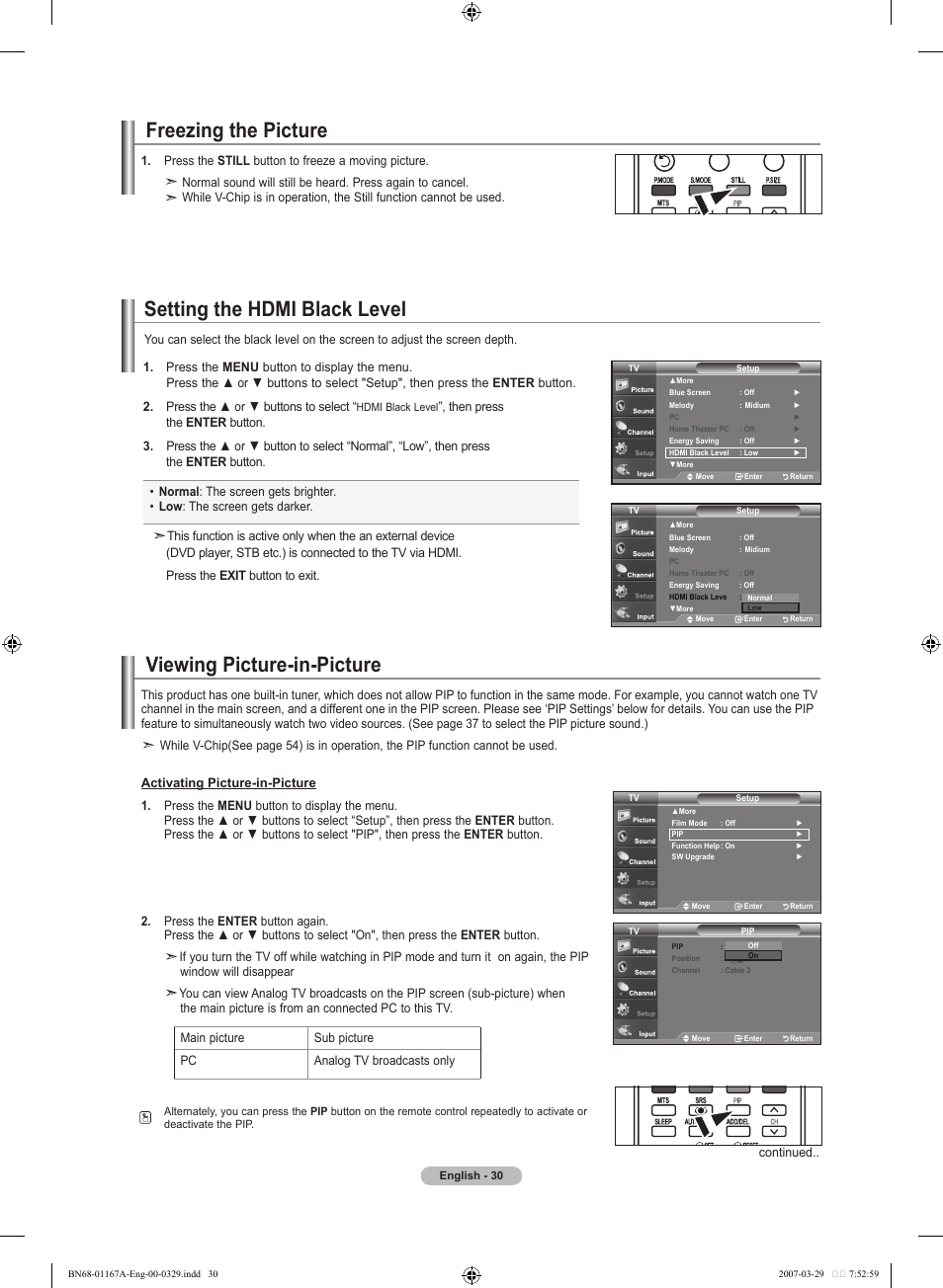 Viewing picture-in-picture, Freezing the picture, Setting the hdmi black level | Samsung LNT4042HX-XAA User Manual | Page 32 / 147