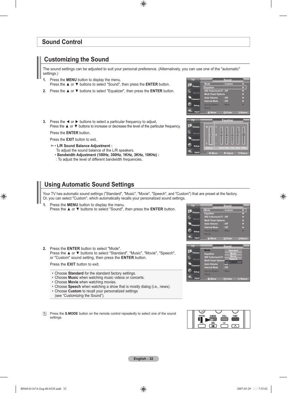Sound control, Customizing the sound, Using automatic sound settings | Samsung LNT4042HX-XAA User Manual | Page 34 / 147