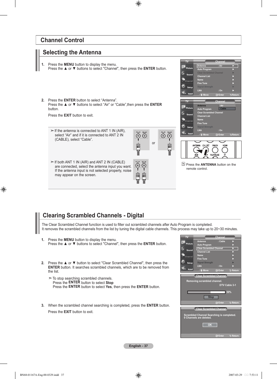 Channel control, Channel control selecting the antenna, Clearing scrambled channels - digital | Samsung LNT4042HX-XAA User Manual | Page 39 / 147