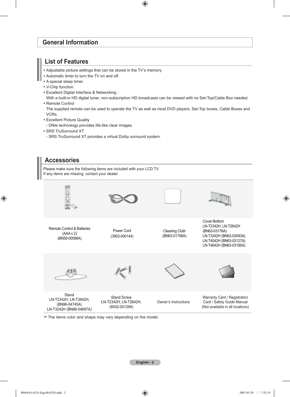 General information, Accessories, General information list of features | Samsung LNT4042HX-XAA User Manual | Page 4 / 147
