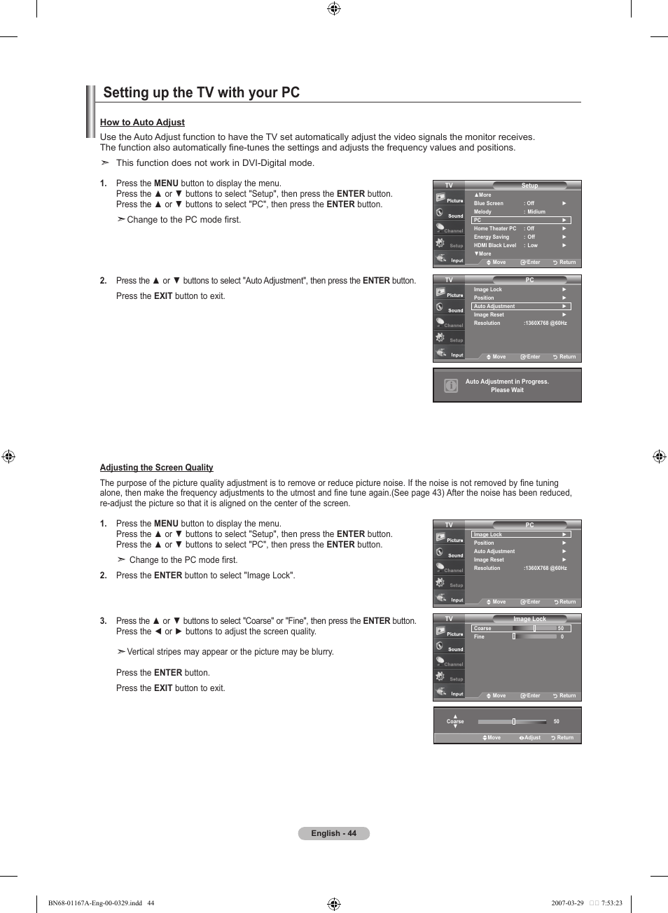 Setting up the tv with your pc, This function does not work in dvi-digital mode | Samsung LNT4042HX-XAA User Manual | Page 46 / 147