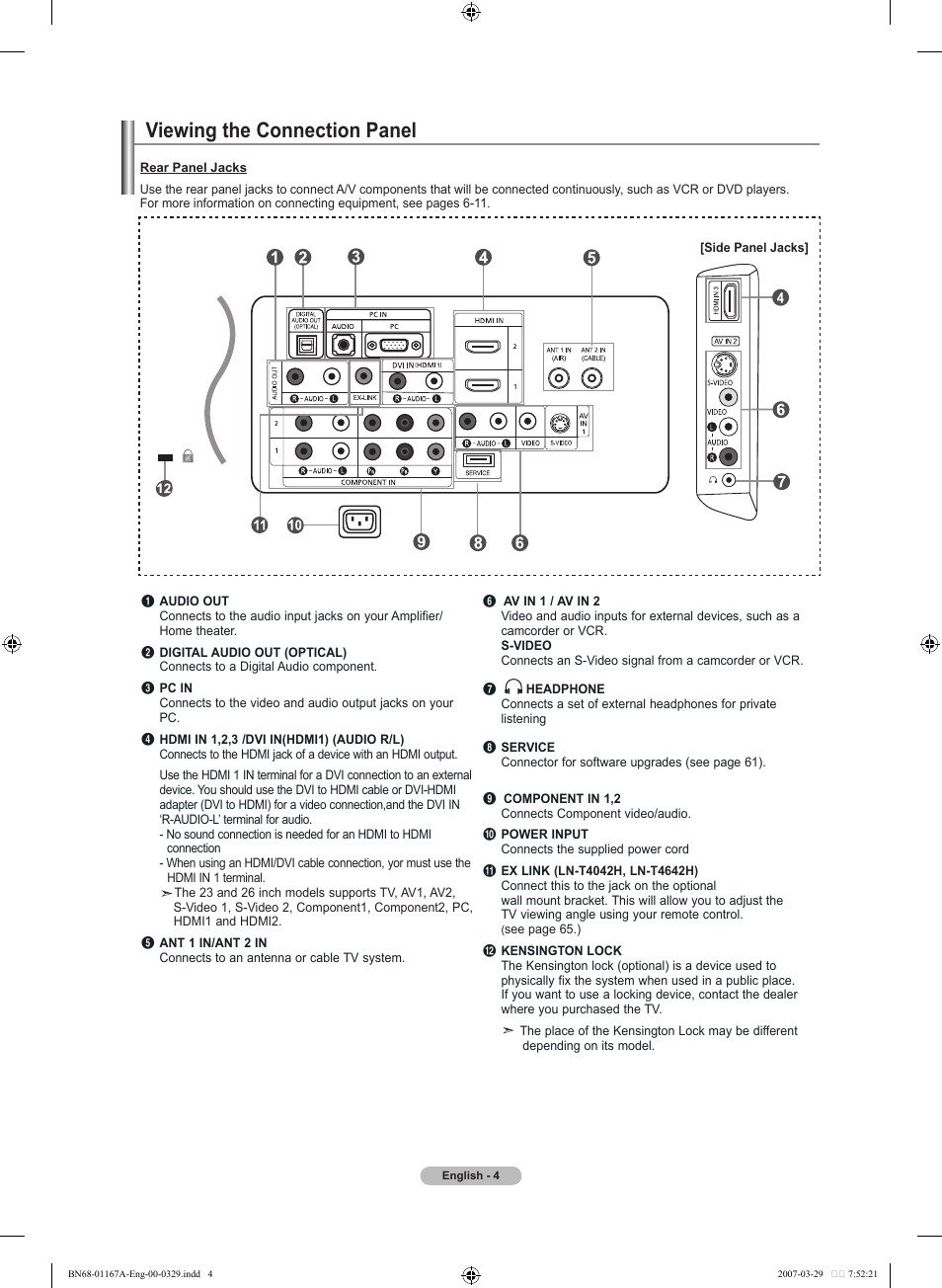 Viewing the connection panel | Samsung LNT4042HX-XAA User Manual | Page 6 / 147