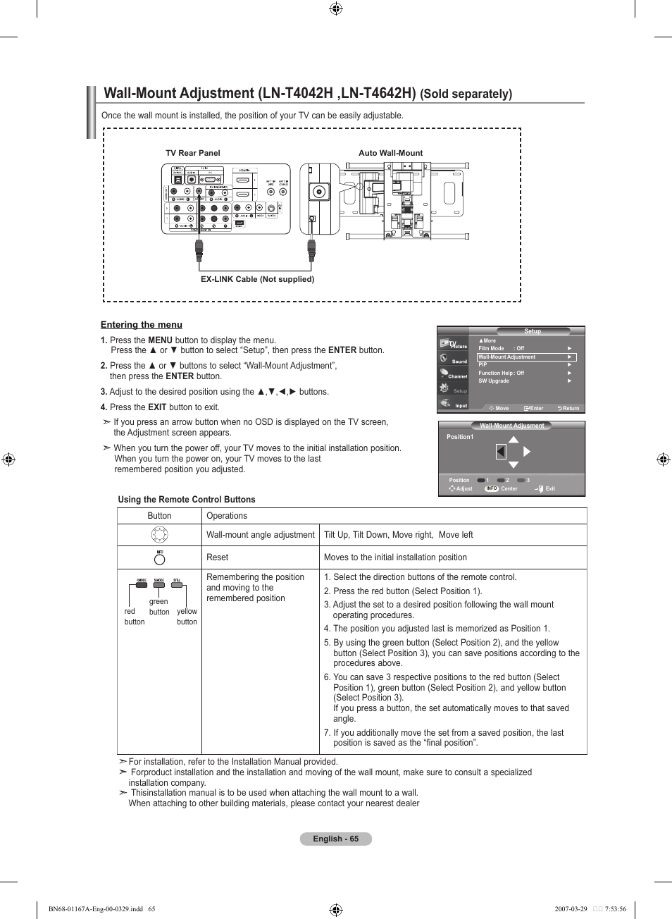 Wall-mount adjustment (ln-t0h ,ln-t6h), Sold separately) | Samsung LNT4042HX-XAA User Manual | Page 67 / 147