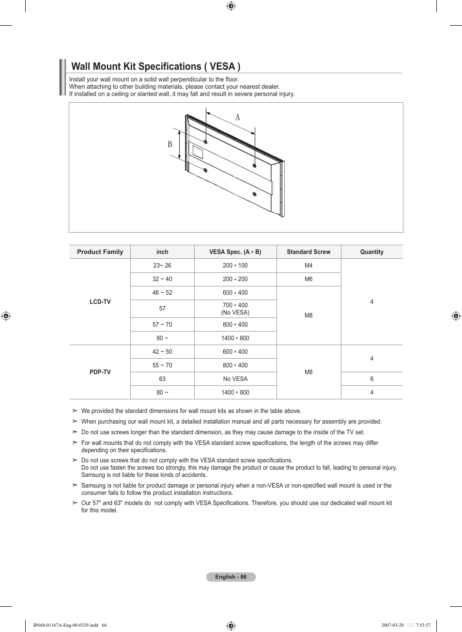 Wall mount kit specifications ( vesa ) | Samsung LNT4042HX-XAA User Manual | Page 68 / 147