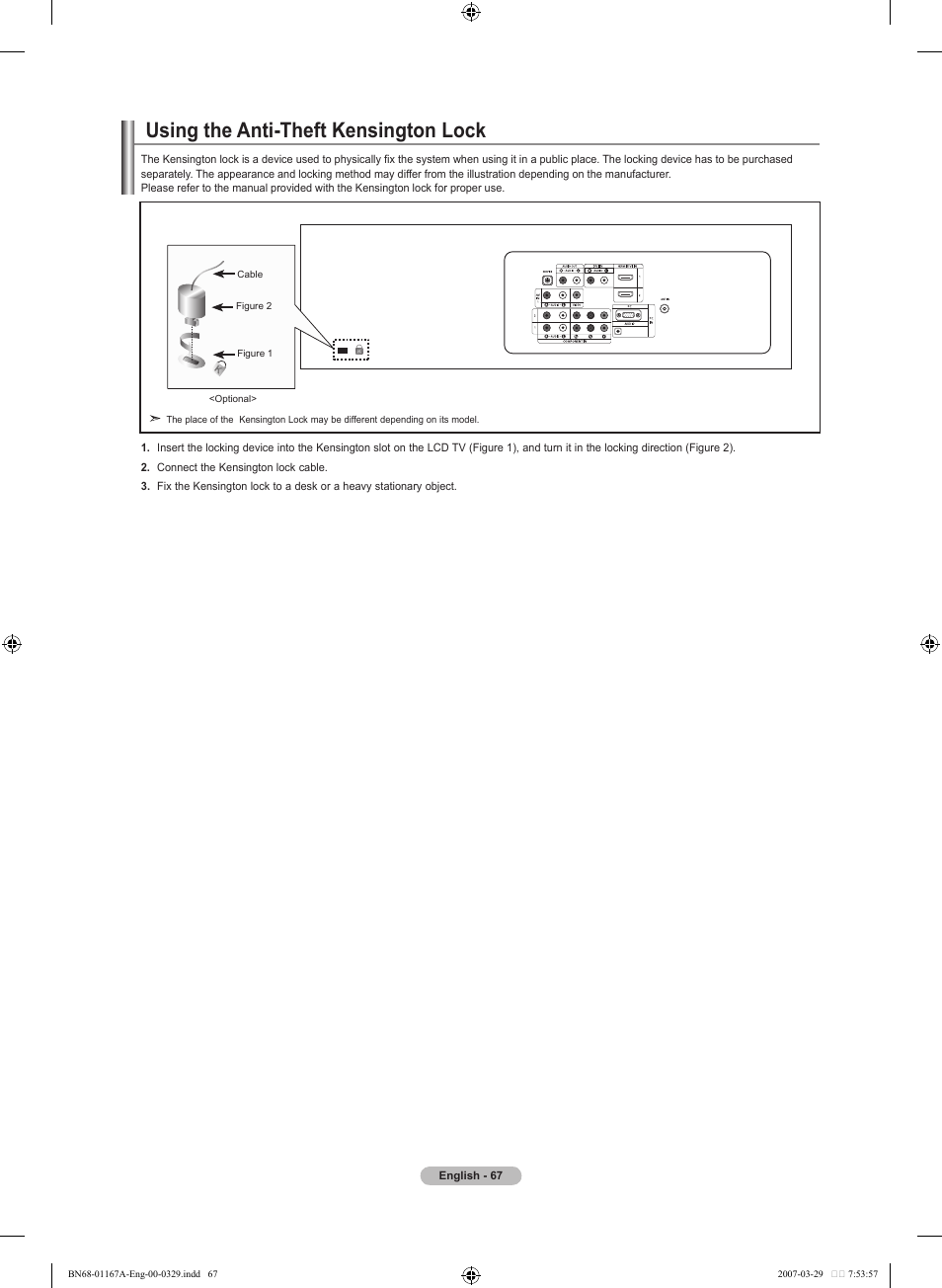 Using the anti-theft kensington lock | Samsung LNT4042HX-XAA User Manual | Page 69 / 147