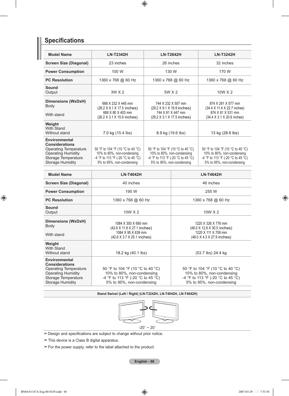 Specifications | Samsung LNT4042HX-XAA User Manual | Page 70 / 147