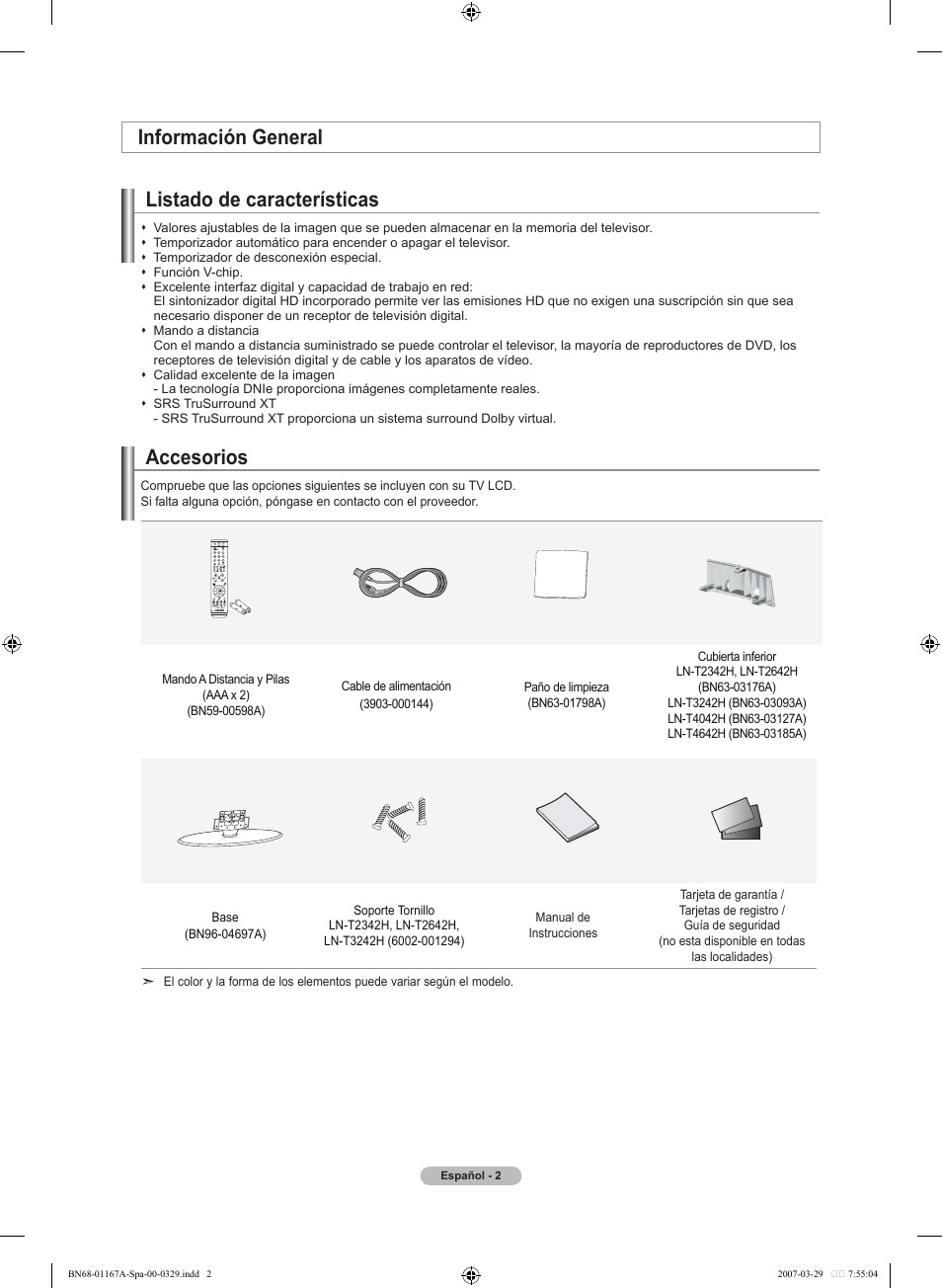 Accesorios, Información general listado de características | Samsung LNT4042HX-XAA User Manual | Page 80 / 147