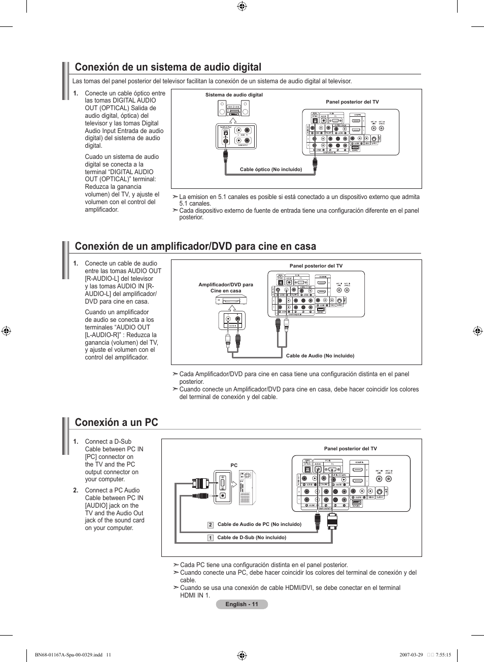 Conexión de un amplificador/dvd para cine en casa, Conexión de un sistema de audio digital, Conexión a un pc | Samsung LNT4042HX-XAA User Manual | Page 89 / 147