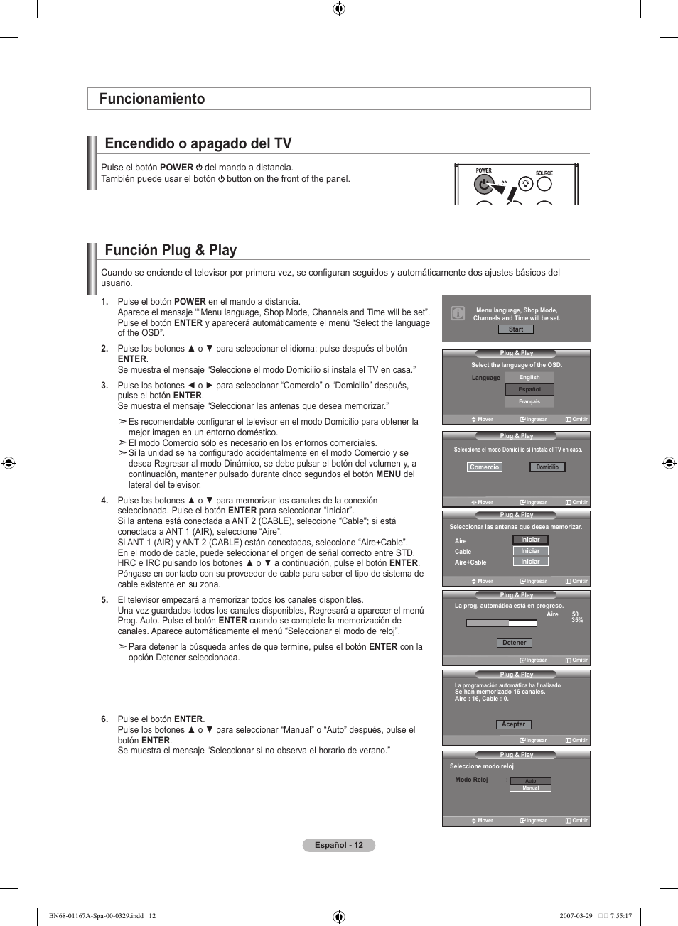 Función plug & play, Encendido o apagado del tv, Funcionamiento | Samsung LNT4042HX-XAA User Manual | Page 90 / 147