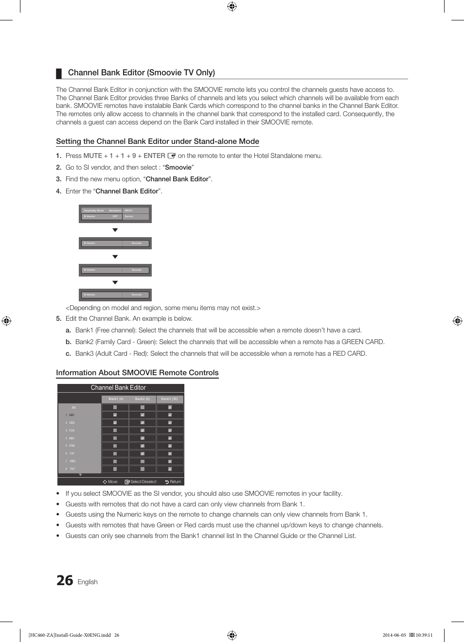 Channel bank editor (smoovie tv only), Information about smoovie remote controls | Samsung HG40NC460KFXZA User Manual | Page 26 / 39