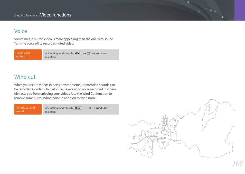Voice, Wind cut, Voice wind cut | Video functions | Samsung EV-NX2000BABUS User Manual | Page 109 / 203