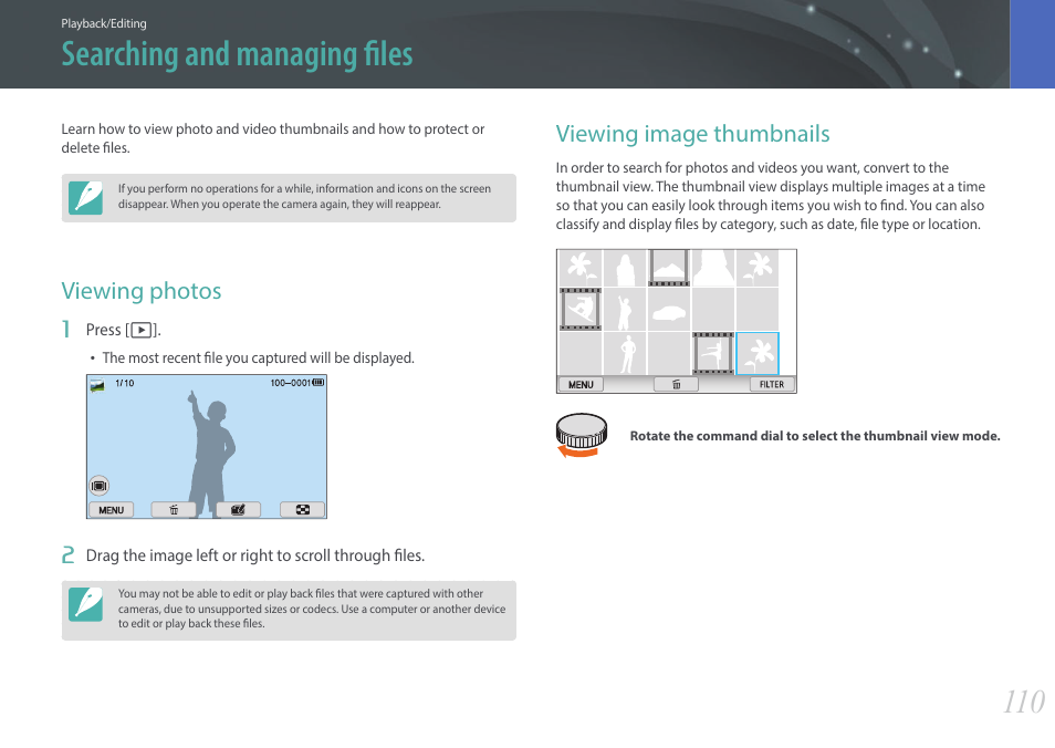 Searching and managing files, Viewing photos, Viewing image thumbnails | Viewing photos viewing image thumbnails | Samsung EV-NX2000BABUS User Manual | Page 111 / 203