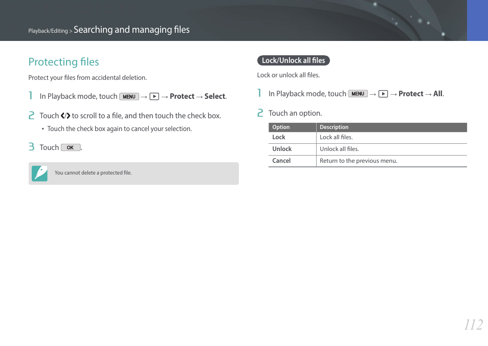 Protecting files, Lock/unlock all files, Searching and managing files | Samsung EV-NX2000BABUS User Manual | Page 113 / 203