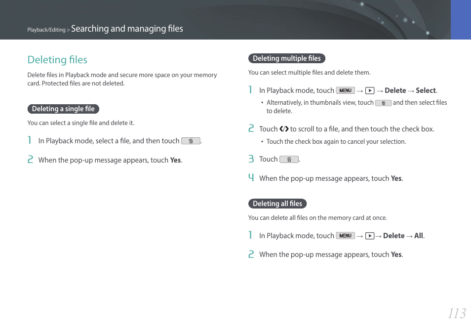 Deleting files, Deleting a single file, Deleting multiple files | Deleting all files, Searching and managing files | Samsung EV-NX2000BABUS User Manual | Page 114 / 203