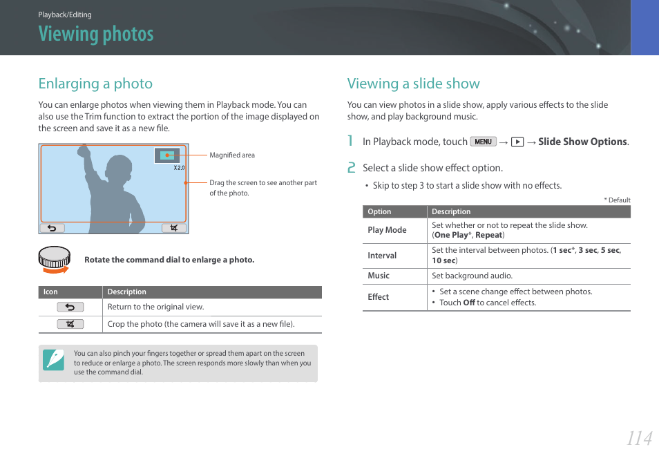 Viewing photos, Enlarging a photo, Viewing a slide show | Enlarging a photo viewing a slide show | Samsung EV-NX2000BABUS User Manual | Page 115 / 203