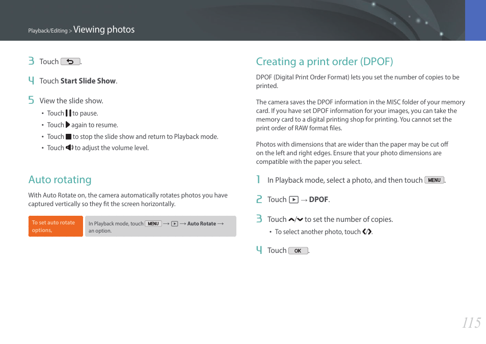 Auto rotating, Creating a print order (dpof), Auto rotating creating a print order (dpof) | Viewing photos 3 | Samsung EV-NX2000BABUS User Manual | Page 116 / 203