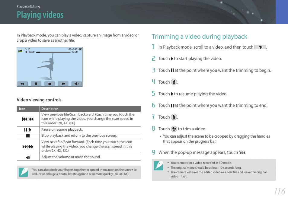 Playing videos, Trimming a video during playback | Samsung EV-NX2000BABUS User Manual | Page 117 / 203