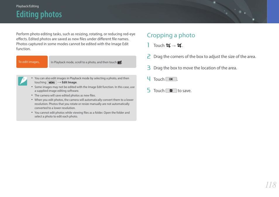 Editing photos, Cropping a photo | Samsung EV-NX2000BABUS User Manual | Page 119 / 203