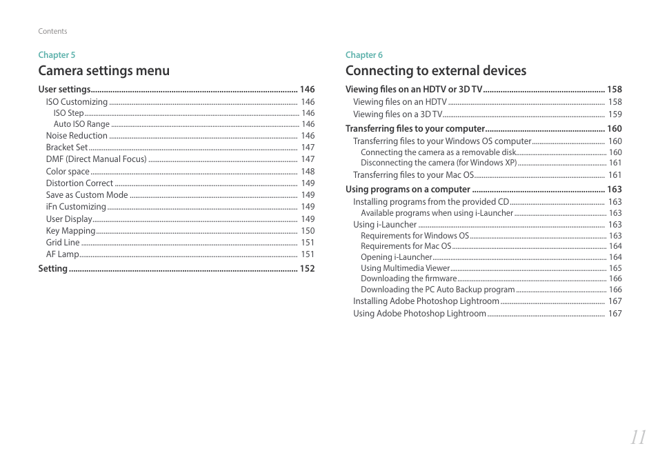 Connecting to external devices, Camera settings menu | Samsung EV-NX2000BABUS User Manual | Page 12 / 203