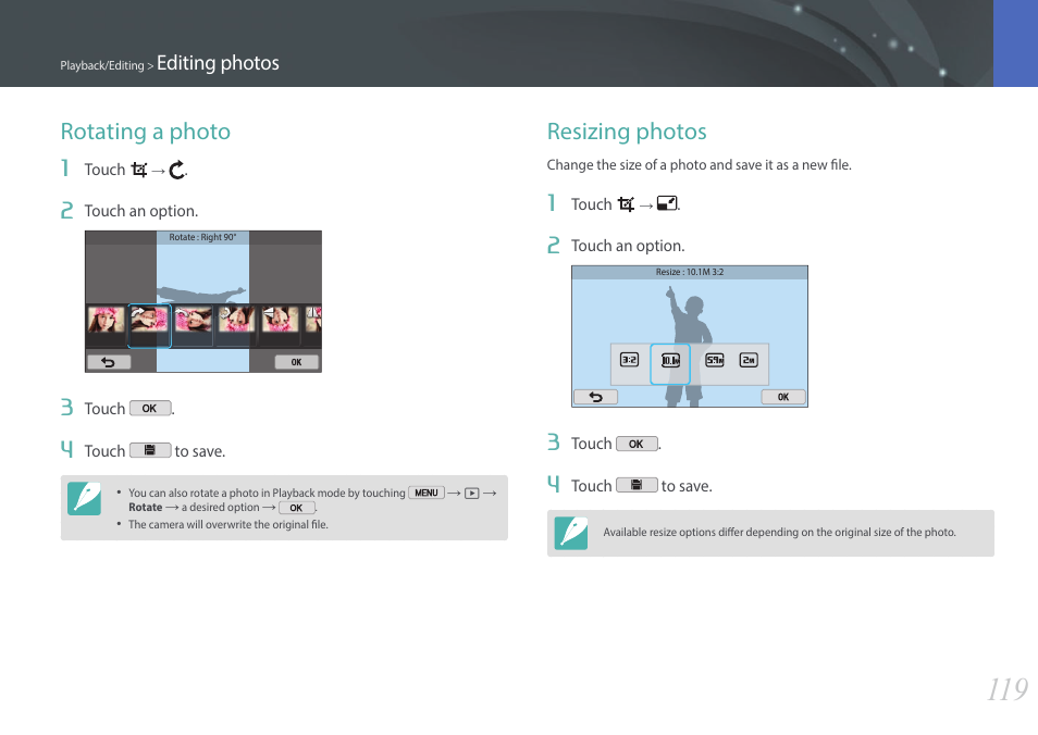 Rotating a photo, Resizing photos, Rotating a photo resizing photos | Editing photos | Samsung EV-NX2000BABUS User Manual | Page 120 / 203