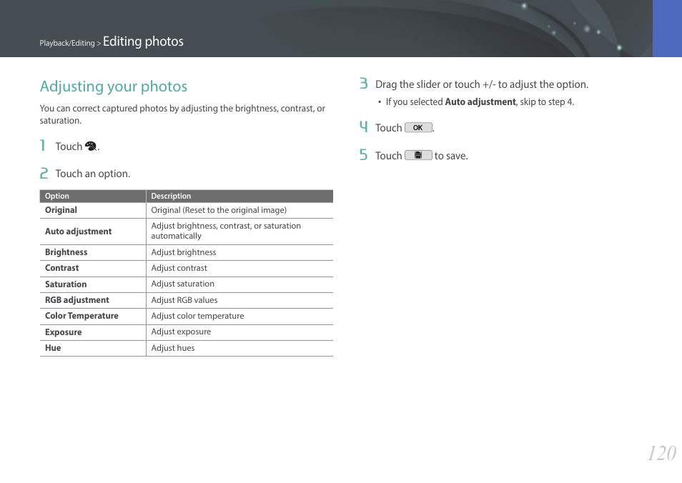 Adjusting your photos, Editing photos | Samsung EV-NX2000BABUS User Manual | Page 121 / 203