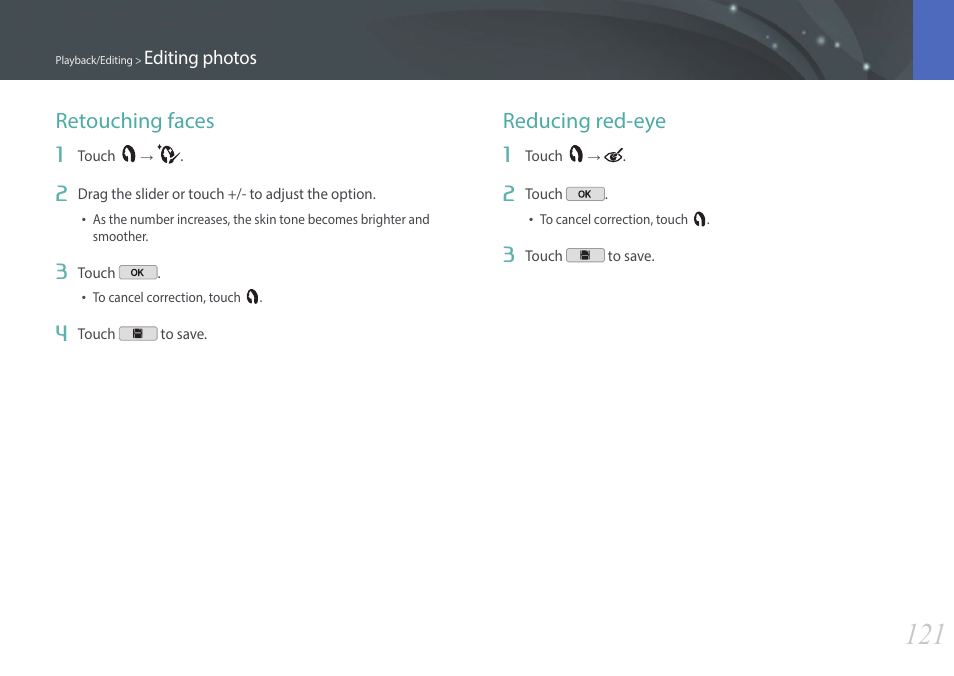 Retouching faces, Reducing red-eye, Retouching faces reducing red-eye | Samsung EV-NX2000BABUS User Manual | Page 122 / 203