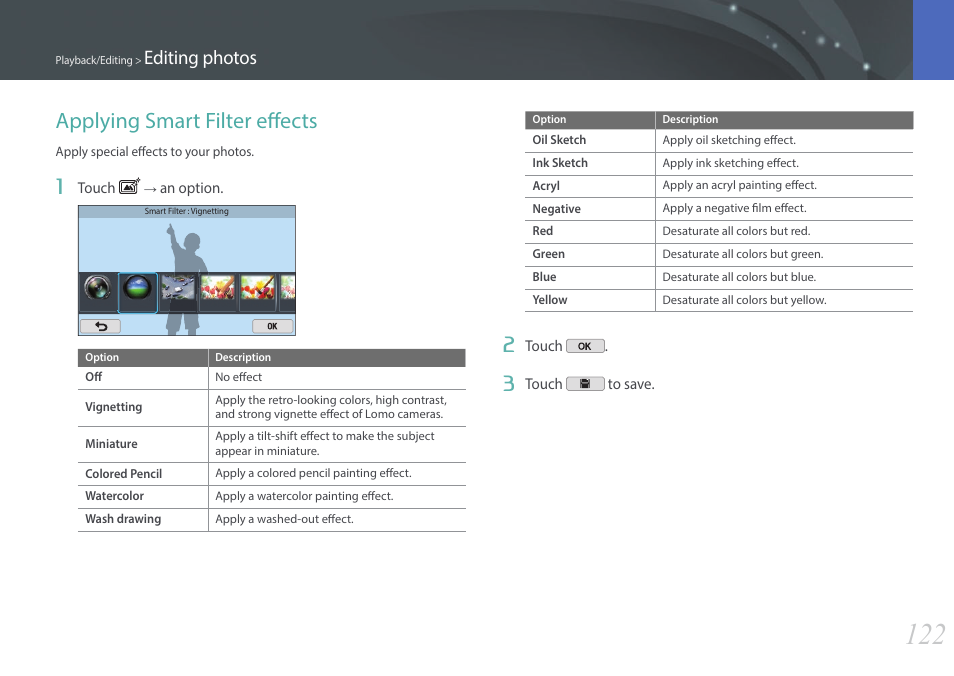 Applying smart filter effects, Editing photos | Samsung EV-NX2000BABUS User Manual | Page 123 / 203