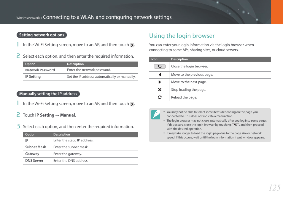 Setting network options, Manually setting the ip address, Using the login browser | Samsung EV-NX2000BABUS User Manual | Page 126 / 203