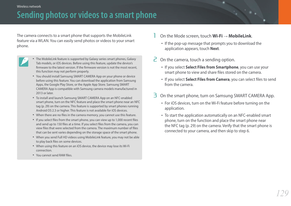 Sending photos or videos to a smart phone | Samsung EV-NX2000BABUS User Manual | Page 130 / 203