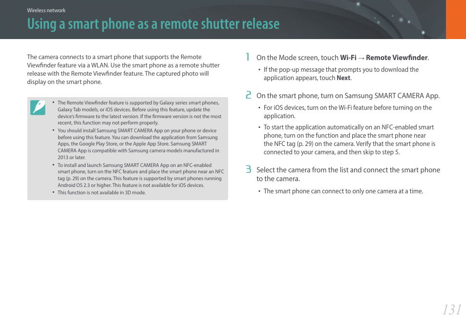 Using a smart phone as a remote shutter release | Samsung EV-NX2000BABUS User Manual | Page 132 / 203