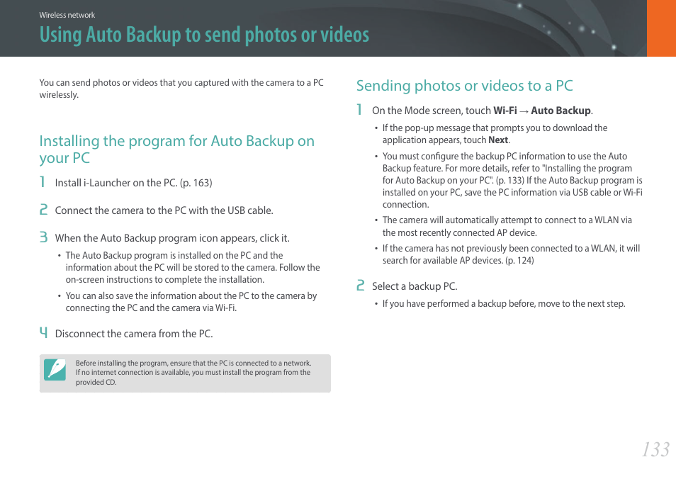 Using auto backup to send photos or videos, Installing the program for auto backup on your pc, Sending photos or videos to a pc | Samsung EV-NX2000BABUS User Manual | Page 134 / 203