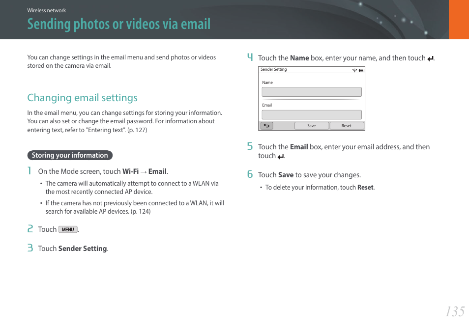 Sending photos or videos via email, Changing email settings, Storing your information | Samsung EV-NX2000BABUS User Manual | Page 136 / 203