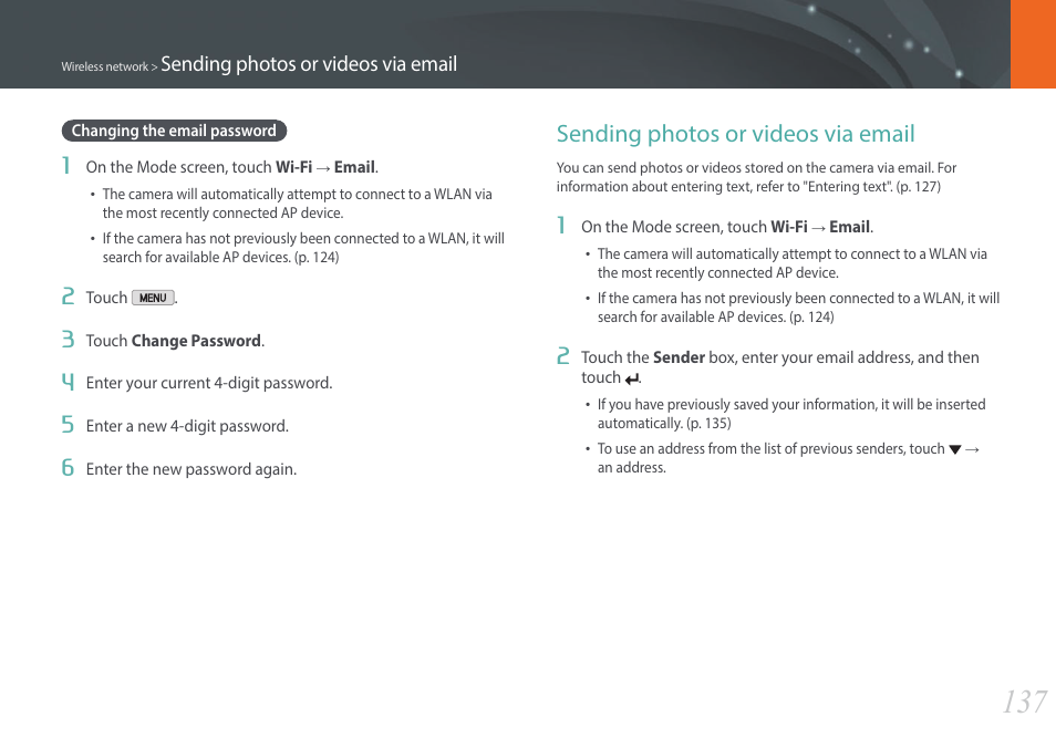 Changing the email password, Sending photos or videos via email | Samsung EV-NX2000BABUS User Manual | Page 138 / 203