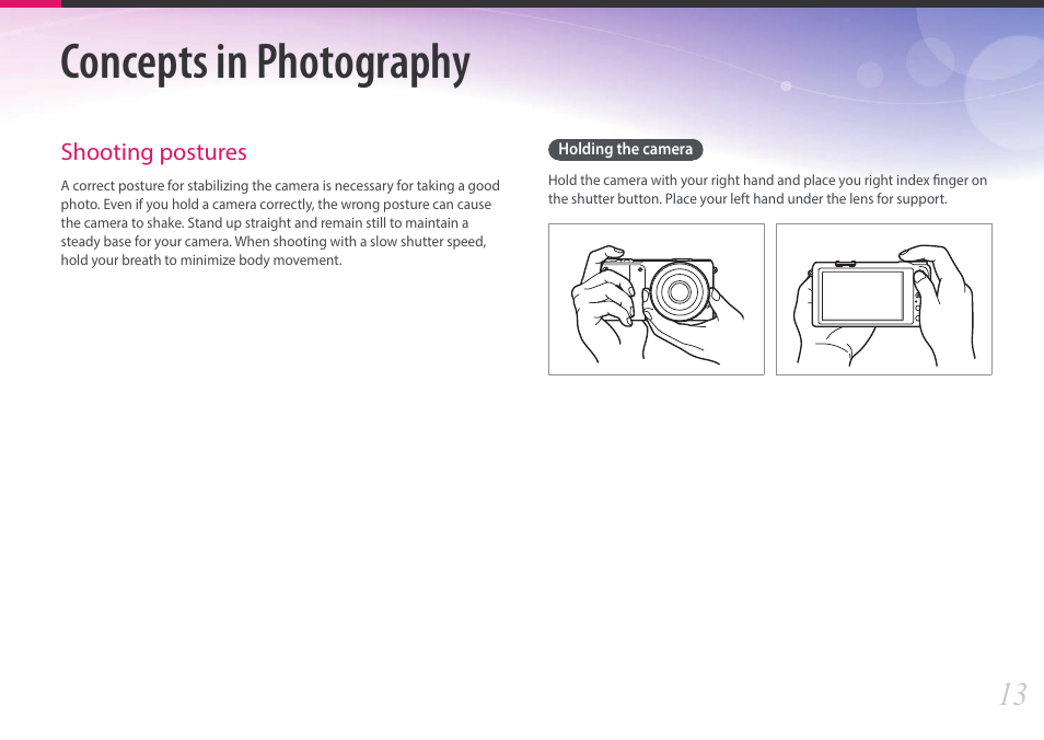 Tips, Concepts in photography, Shooting postures | Holding the camera | Samsung EV-NX2000BABUS User Manual | Page 14 / 203