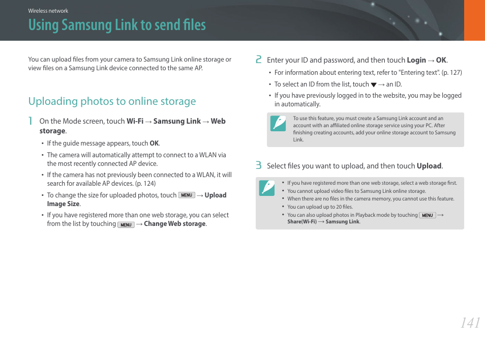 Using samsung link to send files, Uploading photos to online storage | Samsung EV-NX2000BABUS User Manual | Page 142 / 203