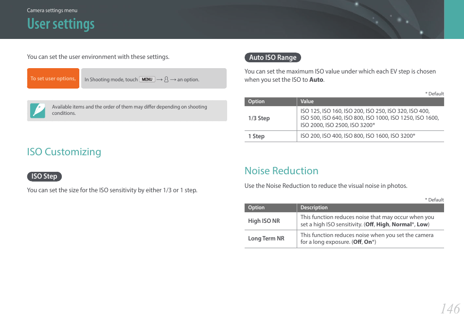 User settings, Iso customizing, Iso step | Auto iso range, Noise reduction, Iso step auto iso range | Samsung EV-NX2000BABUS User Manual | Page 147 / 203