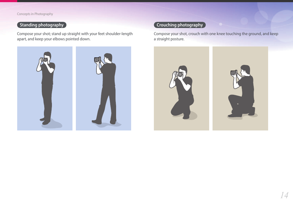Standing photography, Crouching photography, Standing photography crouching photography | Samsung EV-NX2000BABUS User Manual | Page 15 / 203
