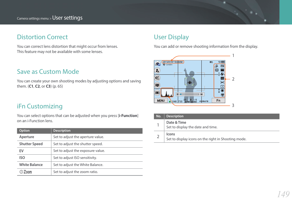 Distortion correct, Save as custom mode, Ifn customizing | User display, User settings | Samsung EV-NX2000BABUS User Manual | Page 150 / 203