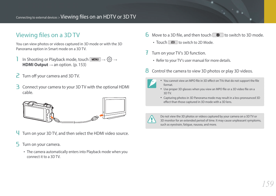 Viewing files on a 3d tv, Viewing files on an hdtv or 3d tv | Samsung EV-NX2000BABUS User Manual | Page 160 / 203