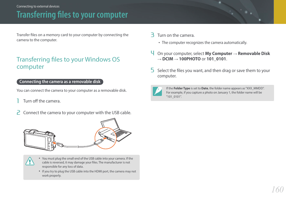 Transferring files to your computer, Transferring files to your windows os computer, Connecting the camera as a removable disk | Samsung EV-NX2000BABUS User Manual | Page 161 / 203