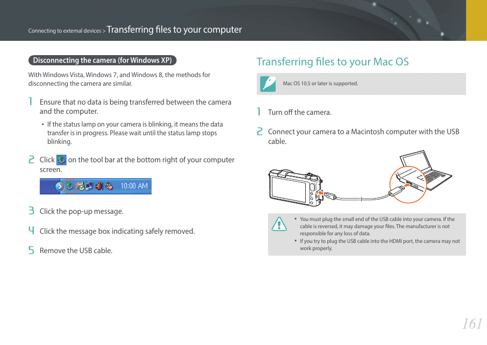 Disconnecting the camera (for windows xp), Transferring files to your mac os | Samsung EV-NX2000BABUS User Manual | Page 162 / 203