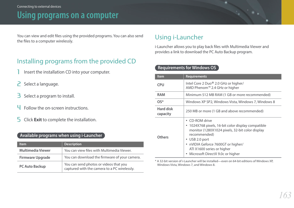 Using programs on a computer, Installing programs from the provided cd, Available programs when using i-launcher | Using i-launcher, Requirements for windows os | Samsung EV-NX2000BABUS User Manual | Page 164 / 203