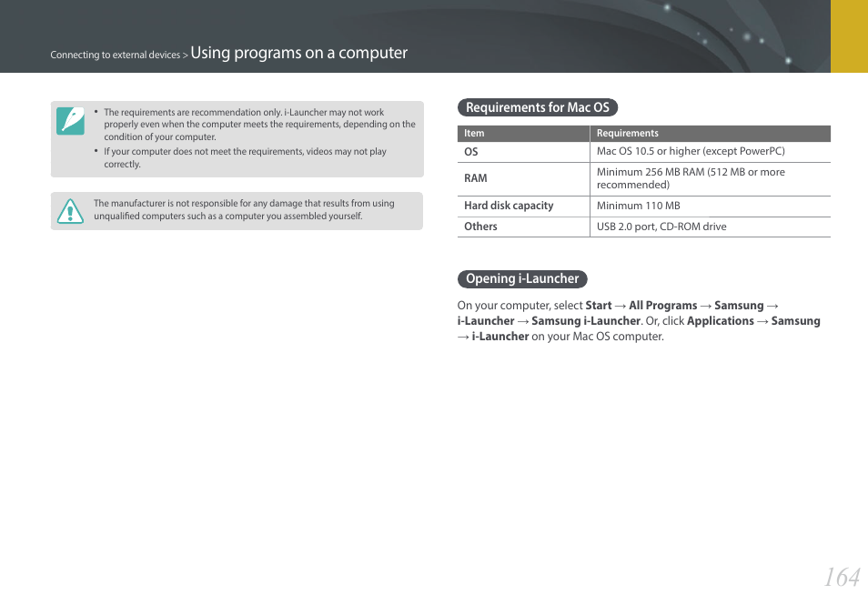 Requirements for mac os, Opening i-launcher, Requirements for mac os opening i-launcher | Using programs on a computer | Samsung EV-NX2000BABUS User Manual | Page 165 / 203