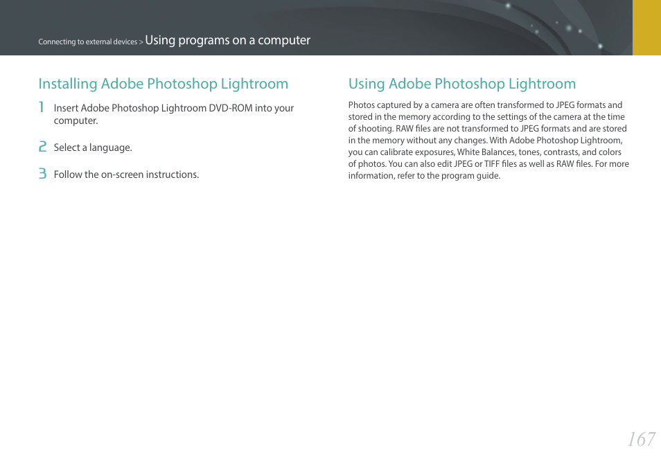 Installing adobe photoshop lightroom, Using adobe photoshop lightroom | Samsung EV-NX2000BABUS User Manual | Page 168 / 203