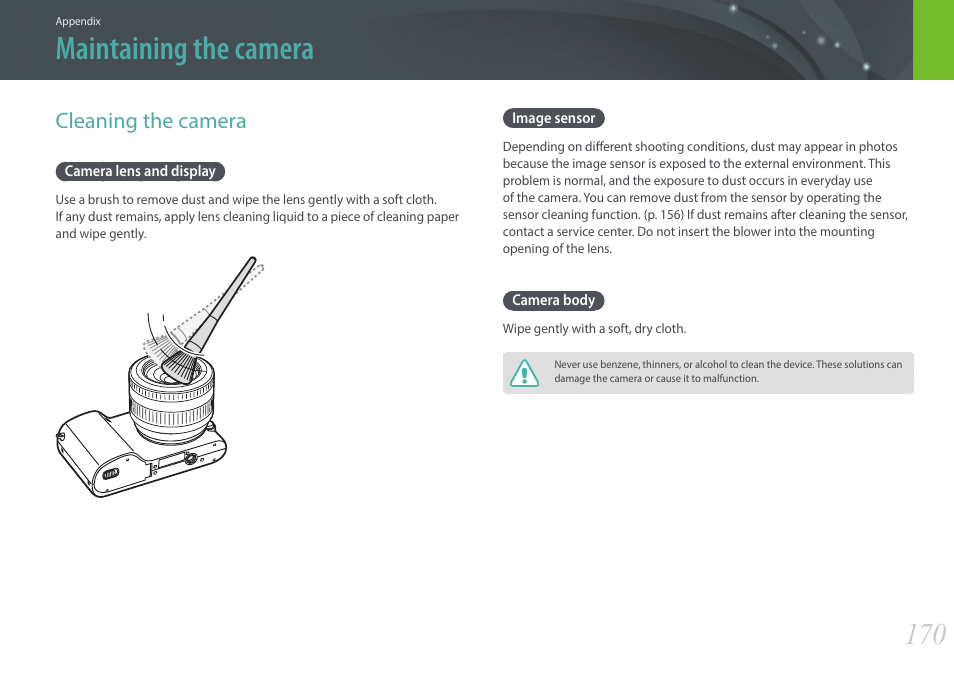Maintaining the camera, Cleaning the camera, Camera lens and display | Image sensor, Camera body, Camera lens and display image sensor camera body | Samsung EV-NX2000BABUS User Manual | Page 171 / 203