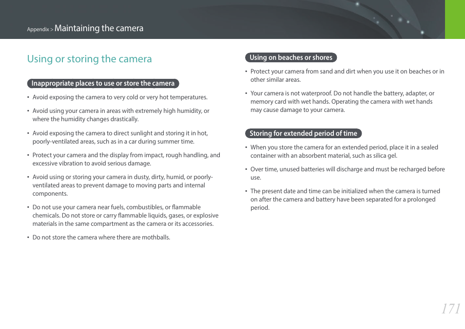 Using or storing the camera, Inappropriate places to use or store the camera, Using on beaches or shores | Storing for extended period of time, Maintaining the camera | Samsung EV-NX2000BABUS User Manual | Page 172 / 203