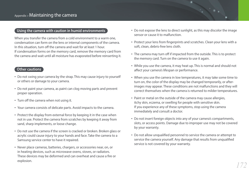Other cautions, Maintaining the camera | Samsung EV-NX2000BABUS User Manual | Page 173 / 203