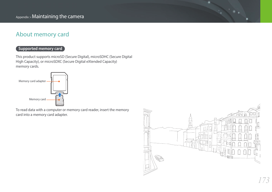 About memory card, Supported memory card | Samsung EV-NX2000BABUS User Manual | Page 174 / 203