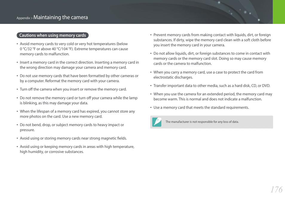 Cautions when using memory cards, Maintaining the camera | Samsung EV-NX2000BABUS User Manual | Page 177 / 203