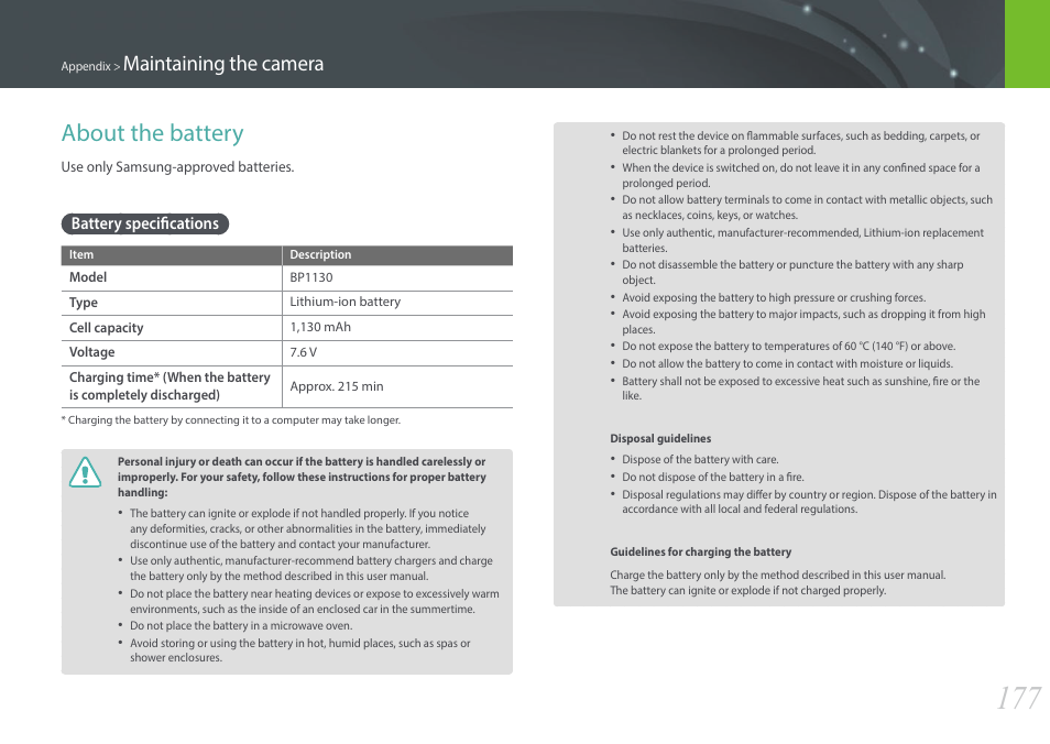 About the battery, Battery specifications, Maintaining the camera | Samsung EV-NX2000BABUS User Manual | Page 178 / 203